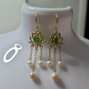 Elegant Green and Gold Lotus Earrings